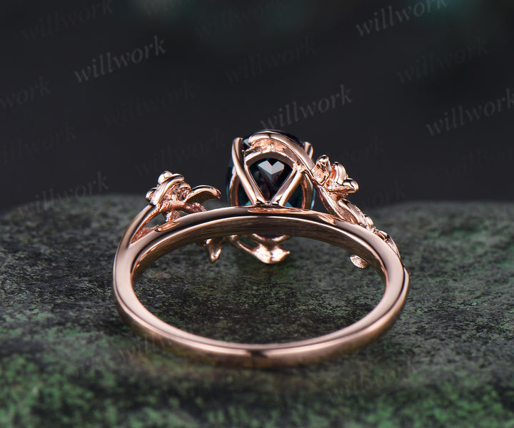 Oval cut alexandrite ring 14k rose gold floral leaf Nature Inspired Engagement Ring five stone wedding ring women