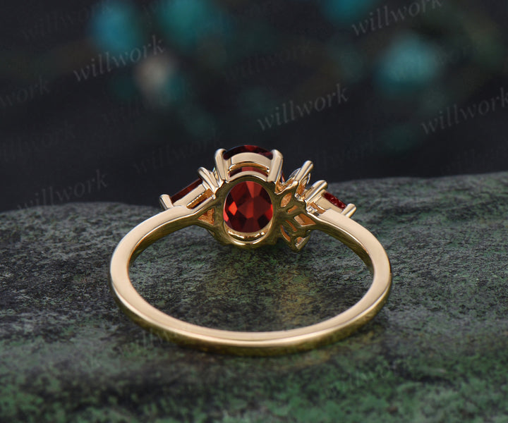 Oval cut garnet ring vintage yellow gold Trillion cut garnet kite moissanite ring women cluster unique engagement ring gift