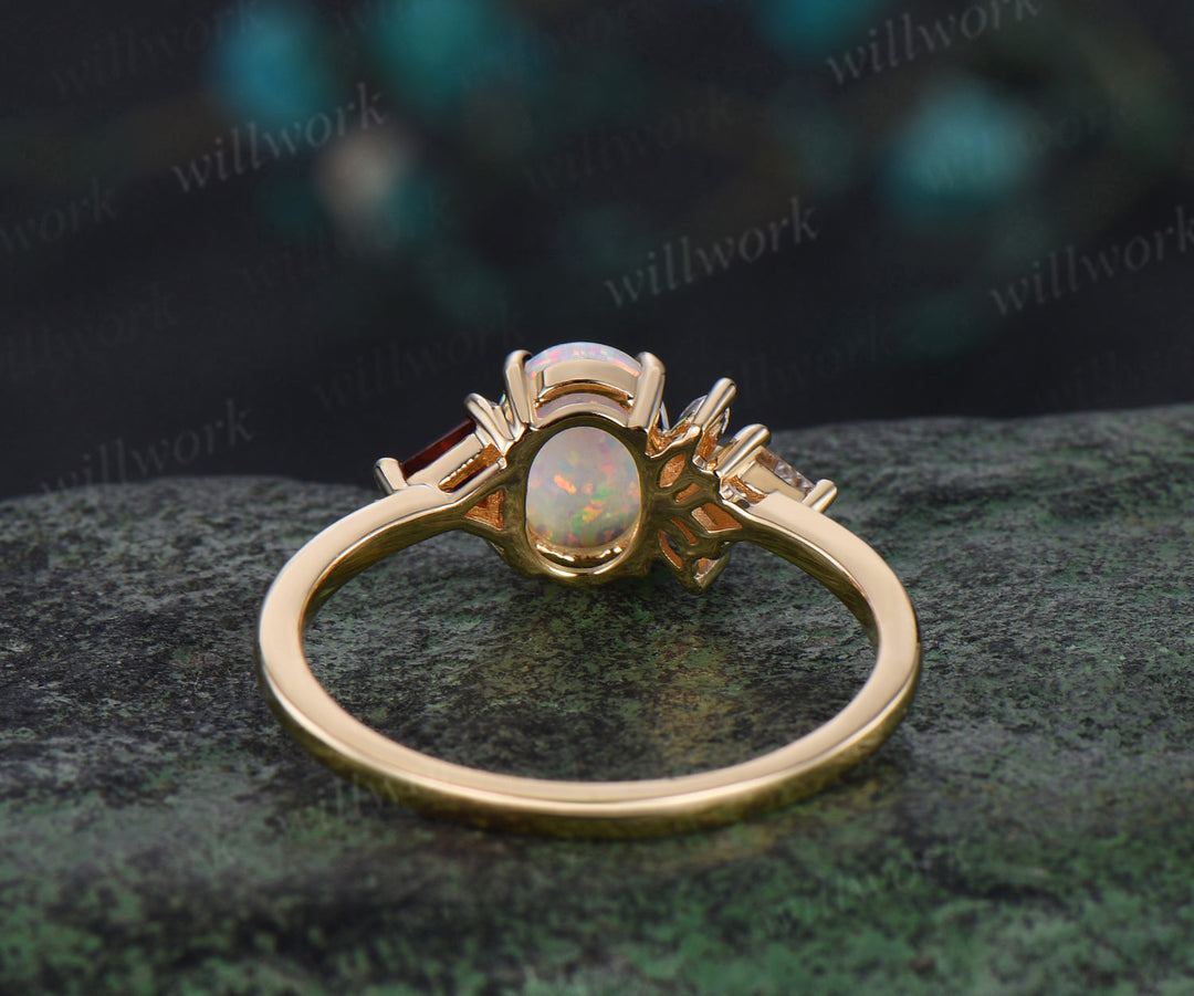 Oval white opal ring vintage yellow gold Trillion cut garnet kite moissanite ring women cluster unique engagement ring gift