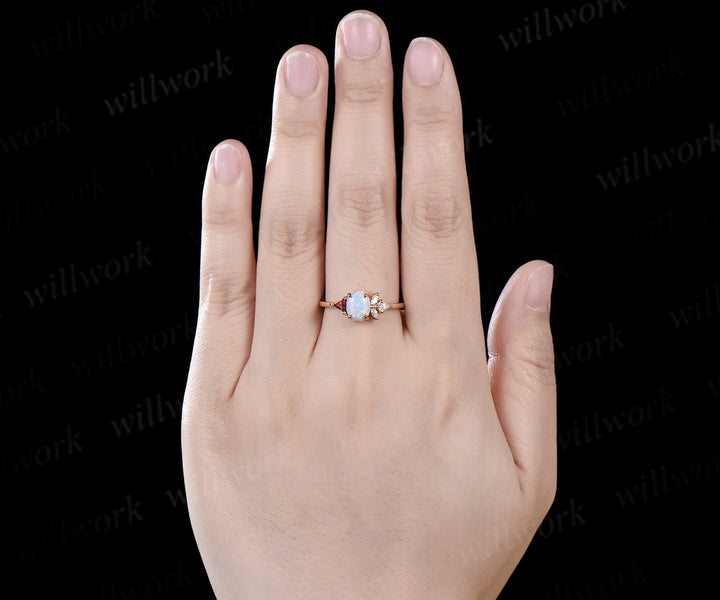 Oval white opal ring vintage yellow gold Trillion cut garnet kite moissanite ring women cluster unique engagement ring gift