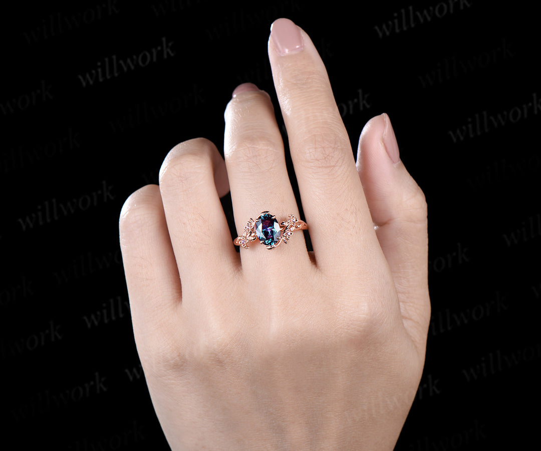 Oval cut alexandrite ring 14k rose gold floral leaf Nature Inspired Engagement Ring five stone wedding ring women