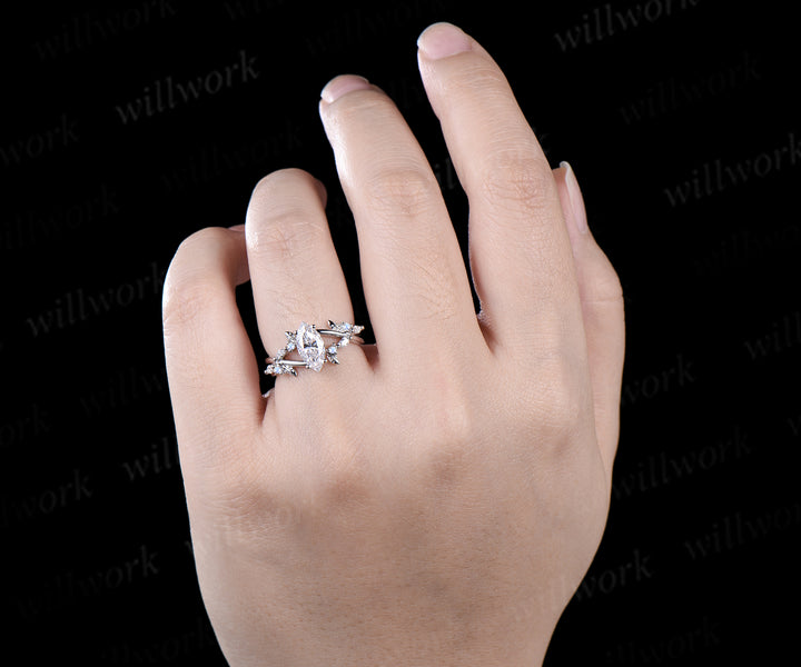 1ct marquise cut IGI lab-grownd diamond engagement ring white gold infinity leaf moonstone ring vintage diamond promise wedding ring women
