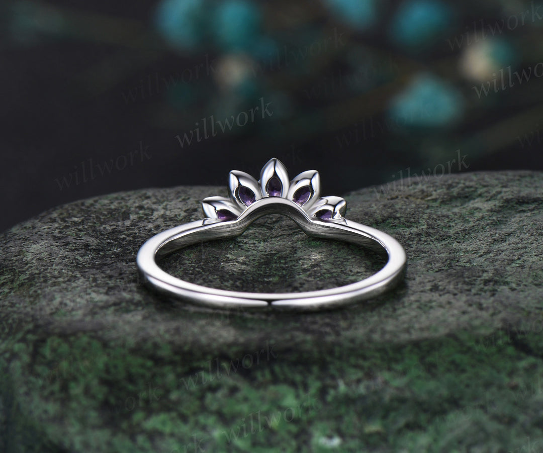 Curved Crown Shaped Wedding Band Marquise Amethyst Wedding Ring Unique Amethyst Wedding Band Solid 14k Rose Gold Ring Anniversary Ring Gift