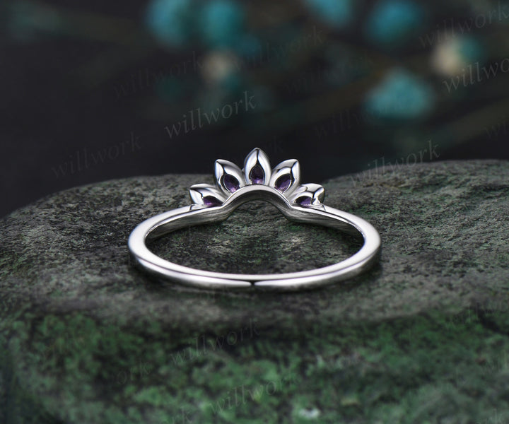 Curved Crown Shaped Wedding Band Marquise Amethyst Wedding Ring Unique Amethyst Wedding Band Solid 14k Rose Gold Ring Anniversary Ring Gift