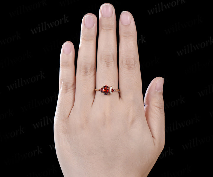 Oval cut garnet ring vintage yellow gold Trillion cut garnet kite moissanite ring women cluster unique engagement ring gift