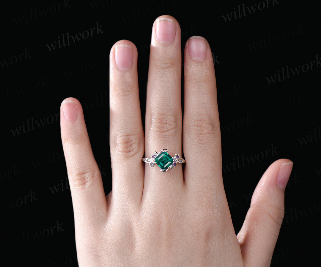 Asscher cut emerald engagement ring vintage leaf amethyst wedding ring nature inspired promise ring May birthstone jewelry