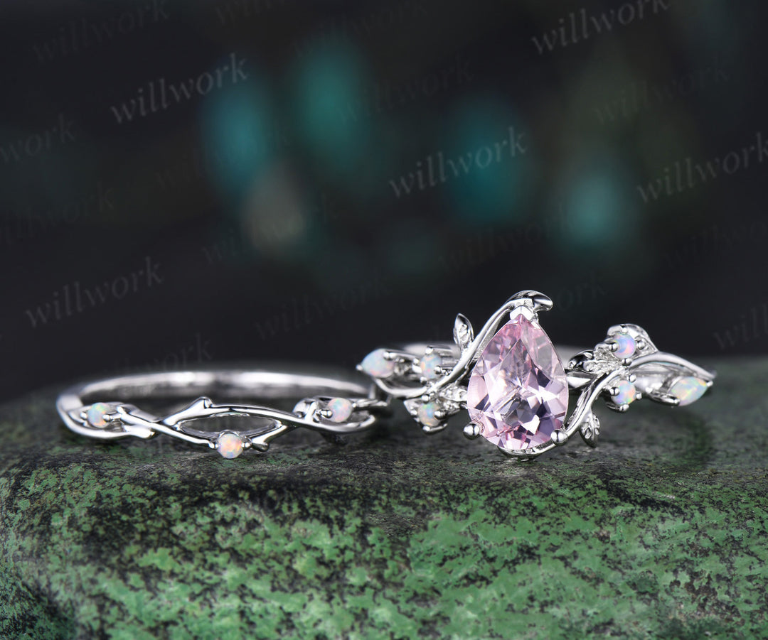 14K white Gold pink Morganite Opal Ring Set Unique Leaf Vine Wedding Ring Pear Bridal Proposal Ring for Fianc??×ã|e Gemstone Ring
