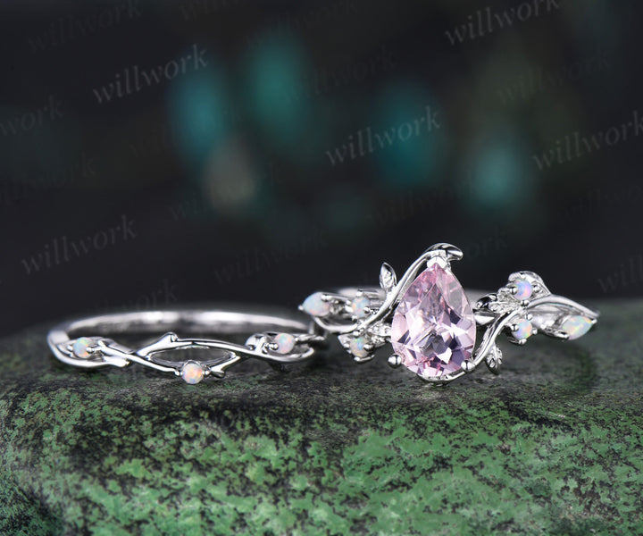 14K white Gold pink Morganite Opal Ring Set Unique Leaf Vine Wedding Ring Pear Bridal Proposal Ring for Fianc??×ã|e Gemstone Ring