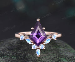 Kite cut purple amethyst engagement ring rose gold 6 prong unique moonstone anniversary promise wedding ring women