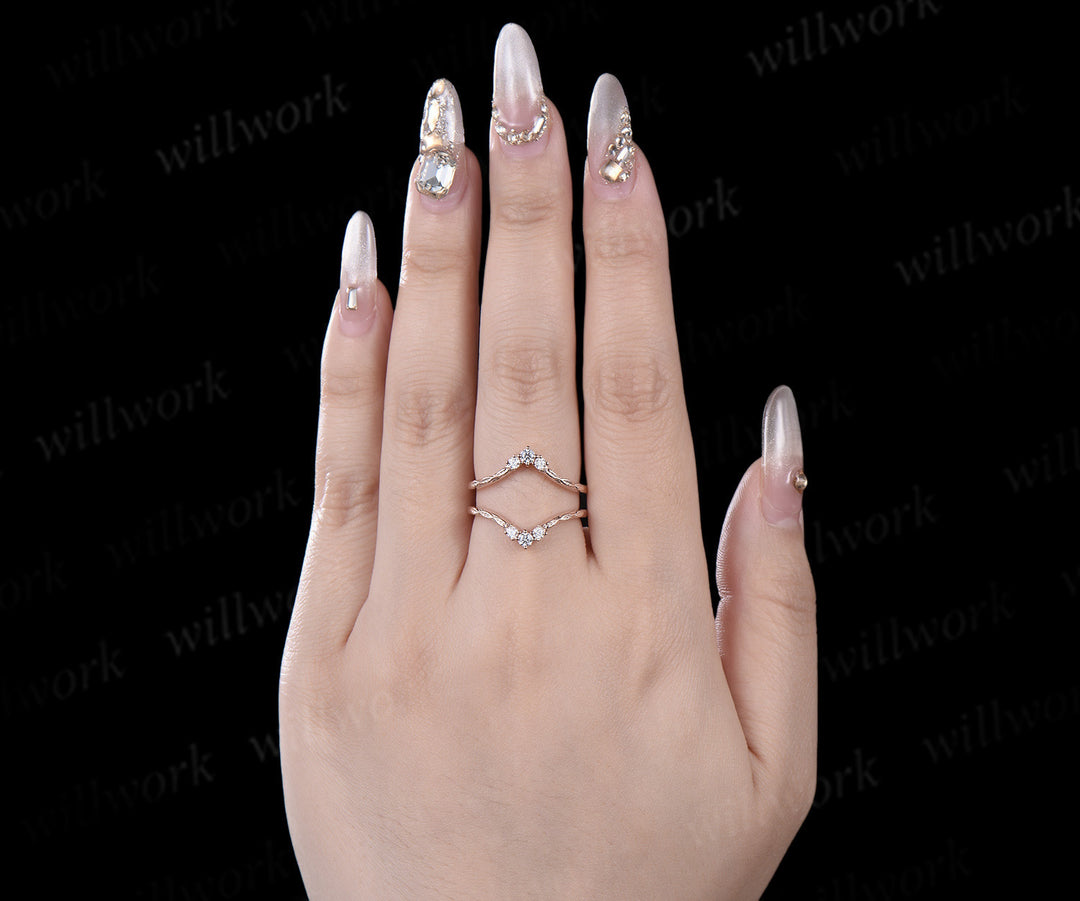 Vintage double curved diamond wedding band enhancer wraps solid 14k rose gold leaf wedding ring band women anniversary gift