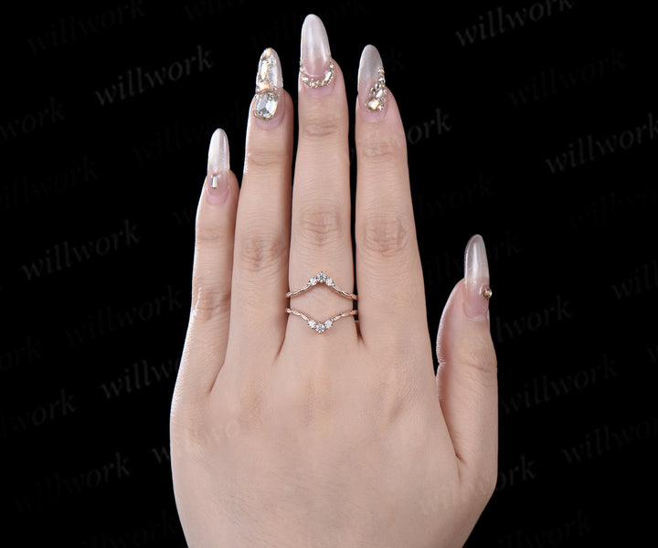 Vintage double curved diamond wedding band enhancer wraps solid 14k rose gold leaf wedding ring band women anniversary gift