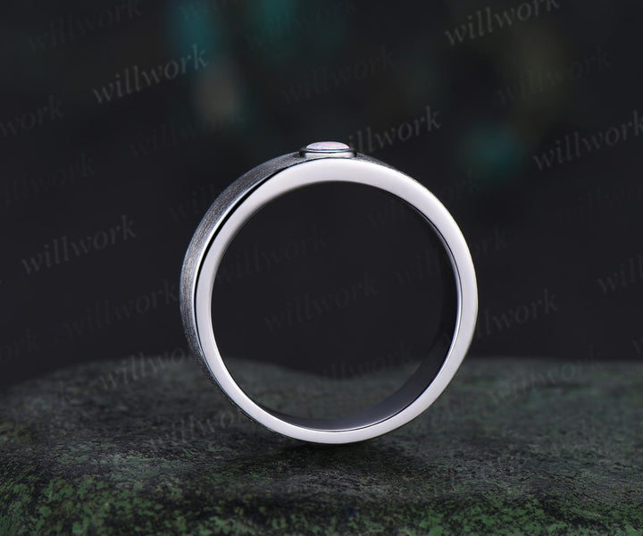 Oval shape opal men wedding band brushed finsh solitaire ring solid white gold engagement ring unique October birthstone anniversary gift