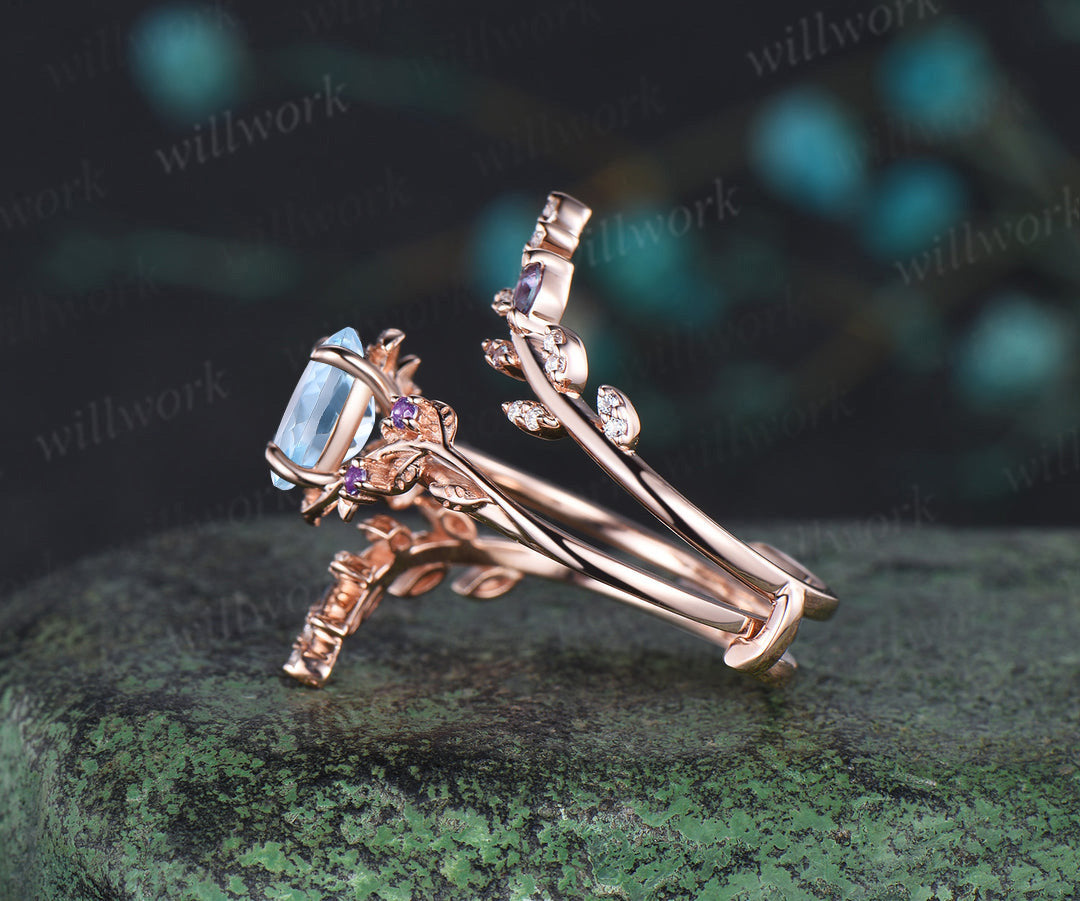 Vintage oval aquamarine engagement ring nature inspired leaf amethyst ring wedding band enhancer twisted bridal ring set women
