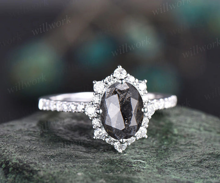 Oval cut salt and pepper diamond engagement ring diamond halo unique wedding ring set for women