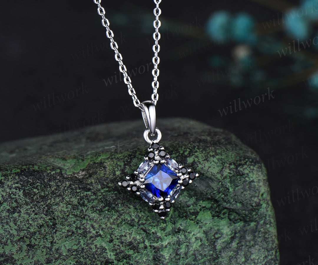 14k white gold unique Princess Cut Blue Sapphire Pendant For Women Anniversary Gifts