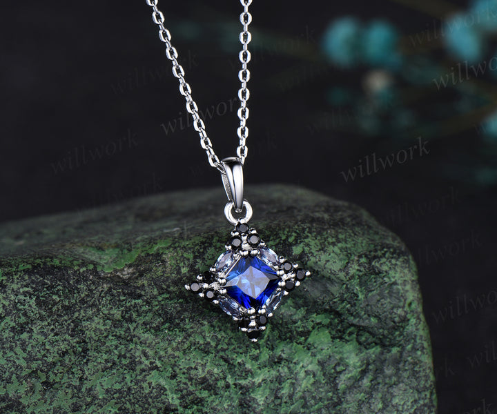 14k white gold unique Princess Cut Blue Sapphire Pendant For Women Anniversary Gifts