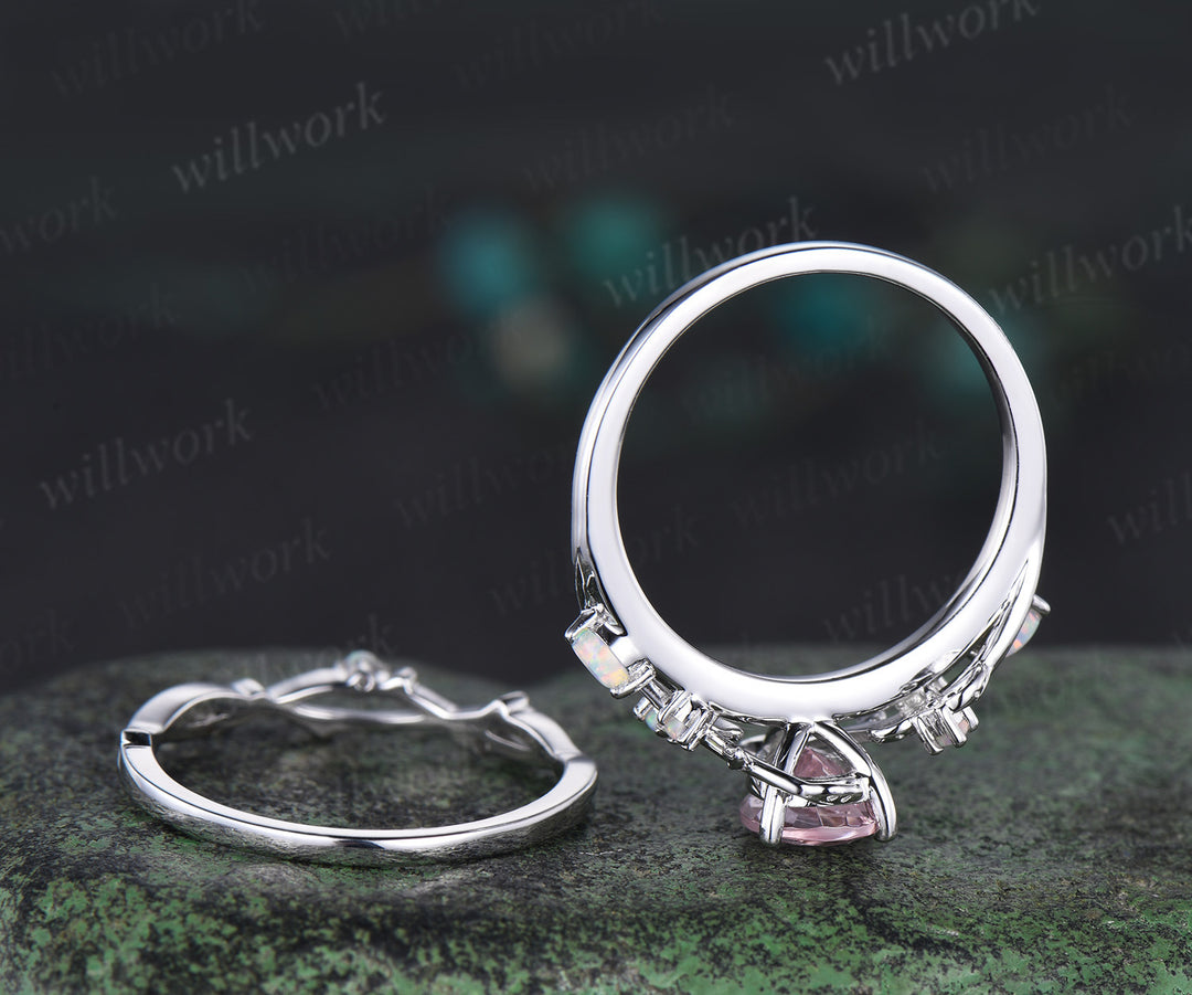 14K white Gold pink Morganite Opal Ring Set Unique Leaf Vine Wedding Ring Pear Bridal Proposal Ring for Fianc??×ã|e Gemstone Ring