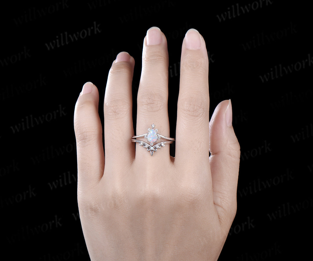 Pear shaped opal engagement ring set white gold Lace cluster diamond bridal wedding ring set women