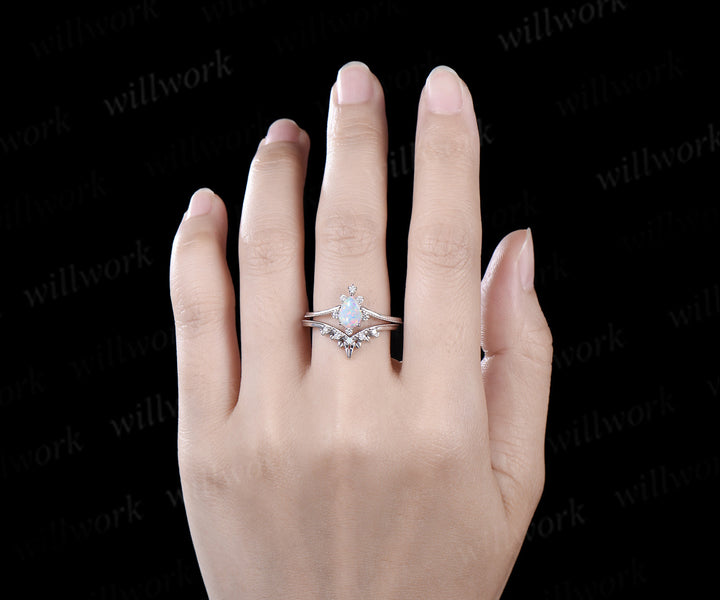 Pear shaped opal engagement ring set white gold Lace cluster diamond bridal wedding ring set women
