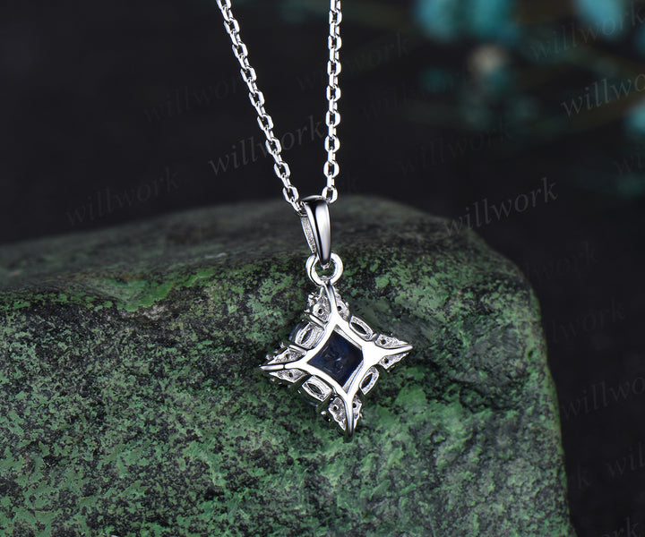 14k white gold unique Princess Cut Blue Sapphire Pendant For Women Anniversary Gifts