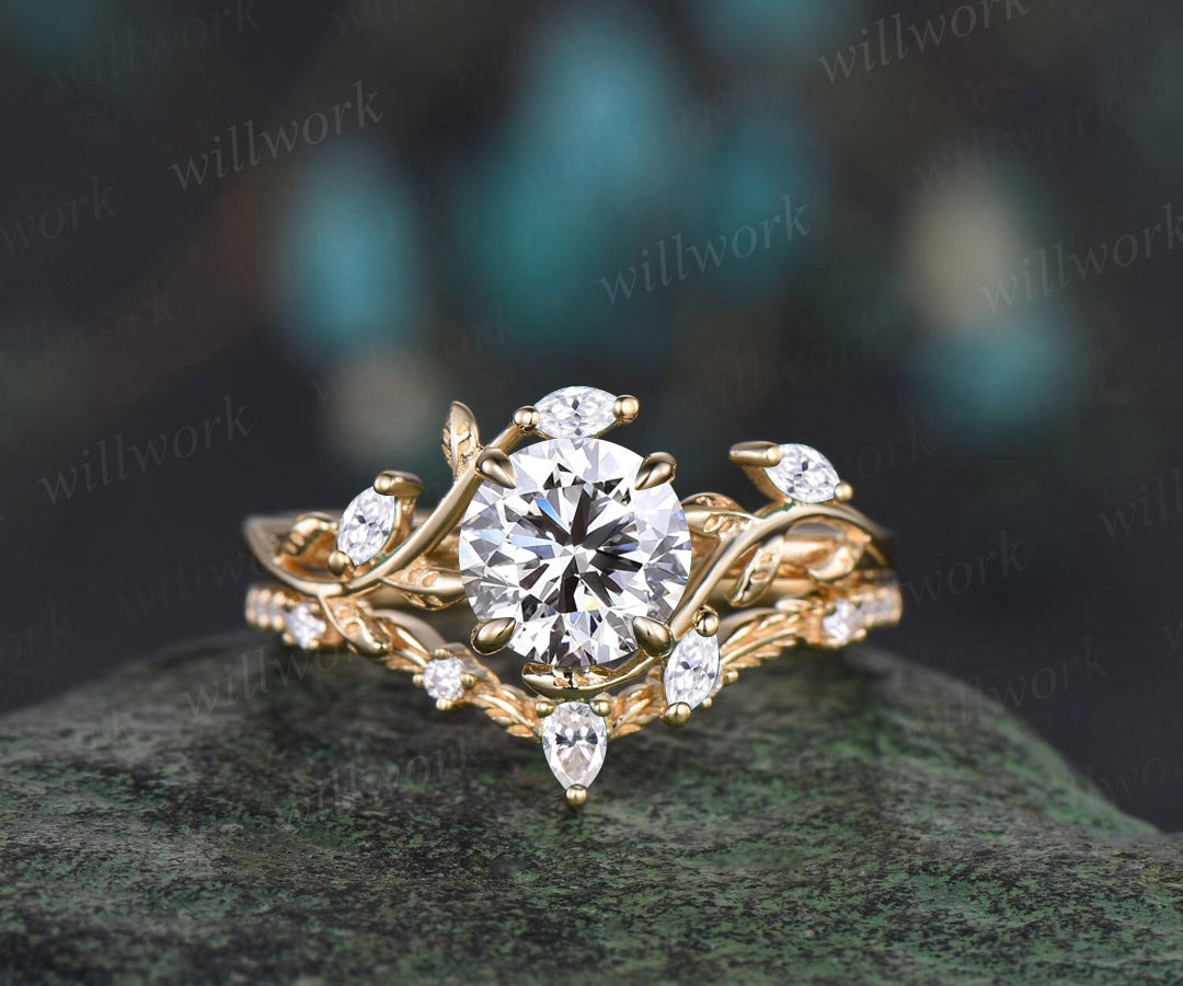 Vintage Round Cut IGI Lab Grown Diamond Engagement Ring Leaf Nature Inspired Promise Ring Set