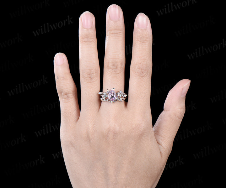 14K white Gold pink Morganite Opal Ring Set Unique Leaf Vine Wedding Ring Pear Bridal Proposal Ring for Fianc??×ã|e Gemstone Ring