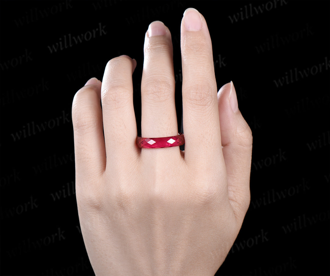 Briolette cut red ruby rough stone wedding band mens full eternity dainty ruby bridal engagement ring women July birthstone gift for him