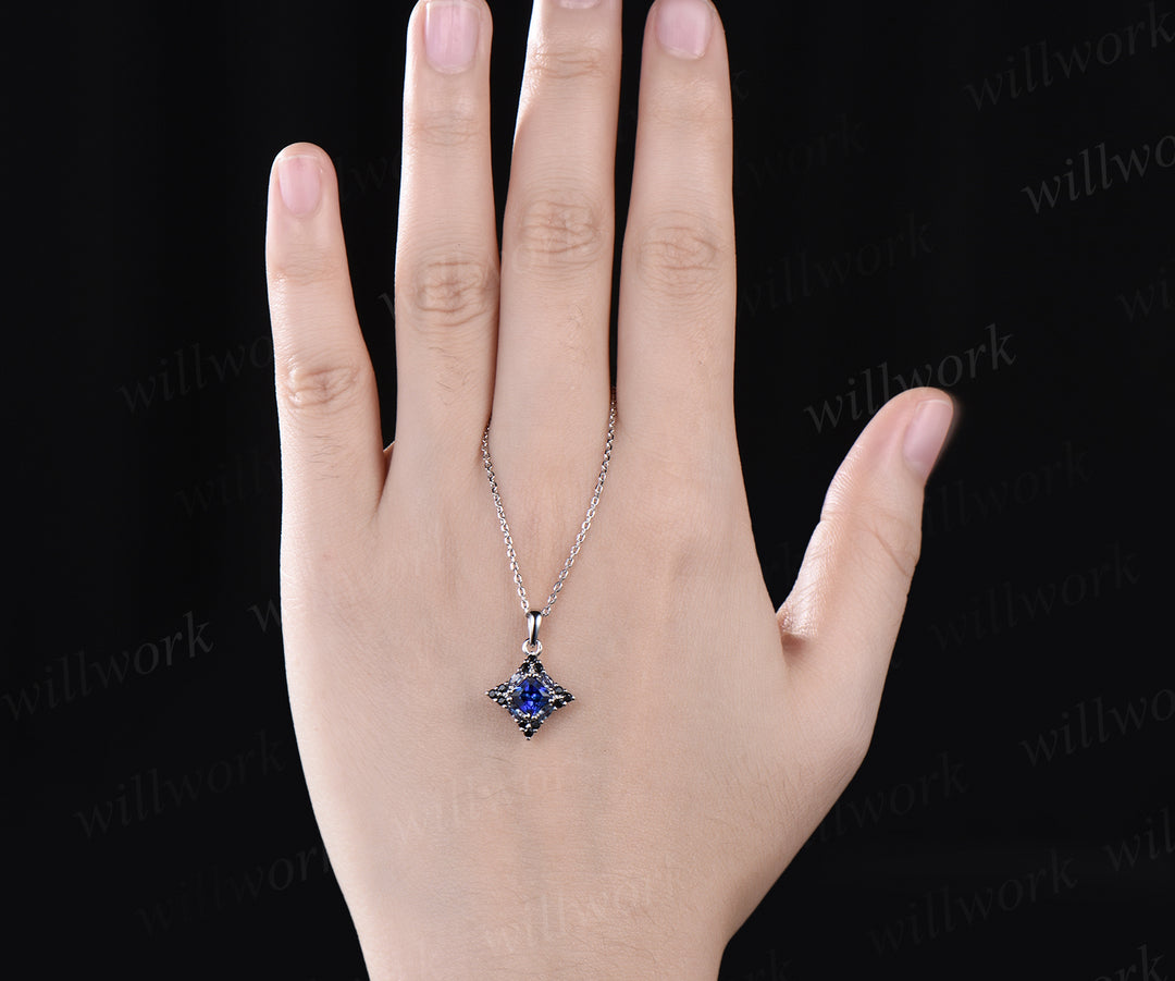14k white gold unique Princess Cut Blue Sapphire Pendant For Women Anniversary Gifts