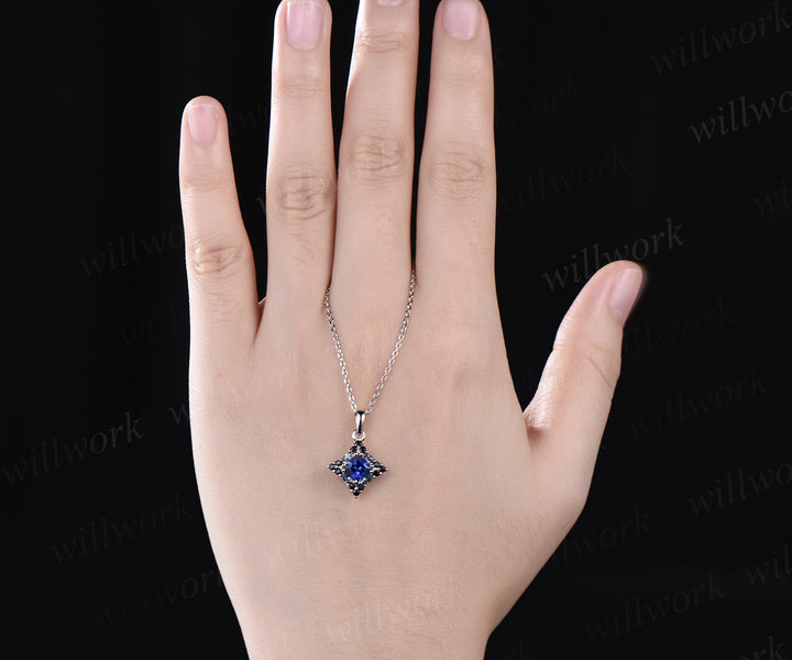14k white gold unique Princess Cut Blue Sapphire Pendant For Women Anniversary Gifts