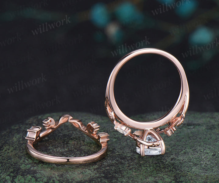 Pear IGI Certified Lab Grown Diamond Engagement Ring Nature Inspired Leaf Moon Wedding Bridal Ring Set