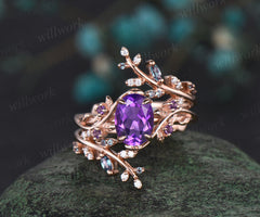 Vintage oval amethyst engagement ring nature inspired leaf amethyst ring wedding band enhancer twisted bridal ring set women