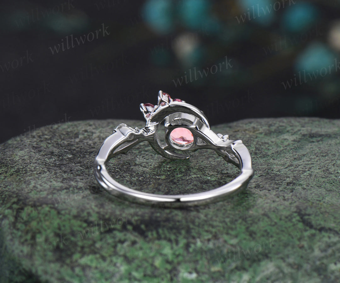 5mm round Padparadscha sapphire engagement ring moon star twig Ring pink tourmaline diamond cluster ring gifts for her