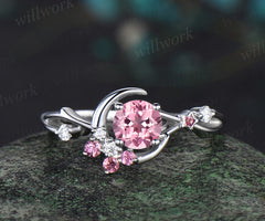 5mm round Padparadscha sapphire engagement ring moon star twig Ring pink tourmaline diamond cluster ring gifts for her