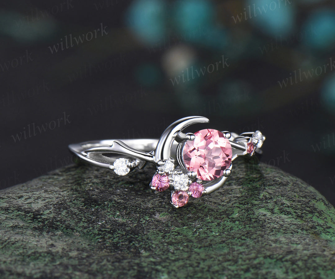 5mm round Padparadscha sapphire engagement ring moon star twig Ring pink tourmaline diamond cluster ring gifts for her
