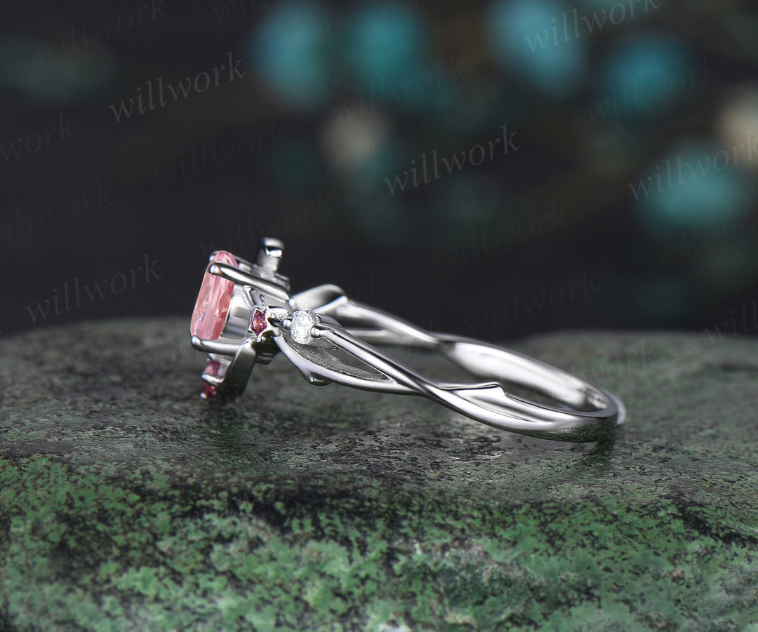 5mm round Padparadscha sapphire engagement ring moon star twig Ring pink tourmaline diamond cluster ring gifts for her