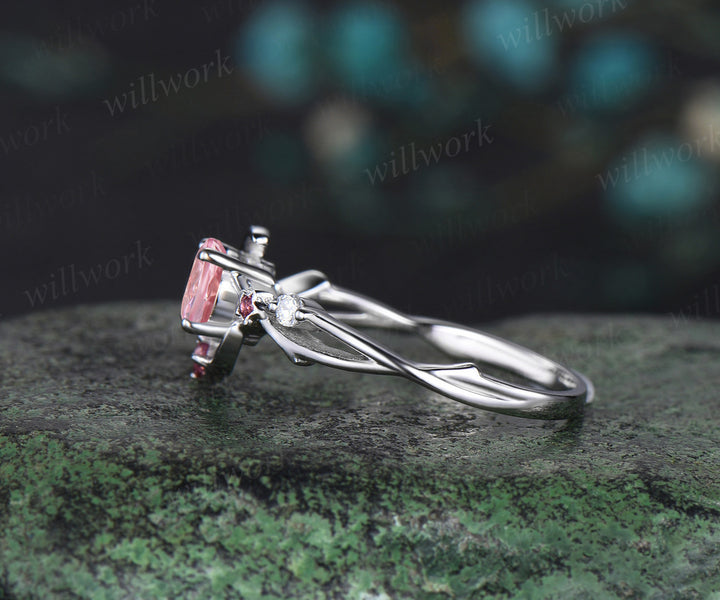 5mm round Padparadscha sapphire engagement ring moon star twig Ring pink tourmaline diamond cluster ring gifts for her