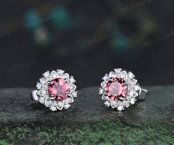 Round cut natural pink tourmaline floral earrings unique moissanite halo stud earrings for women graduation birthday anniversary gift