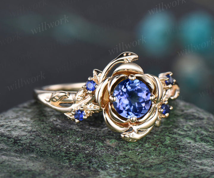 Round cut tanzanite engagement ring yellow gold flower floral five stone sapphire leaf ring wedding ring December birthstone ring