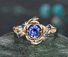 Round cut tanzanite engagement ring yellow gold flower floral five stone sapphire leaf ring wedding ring December birthstone ring