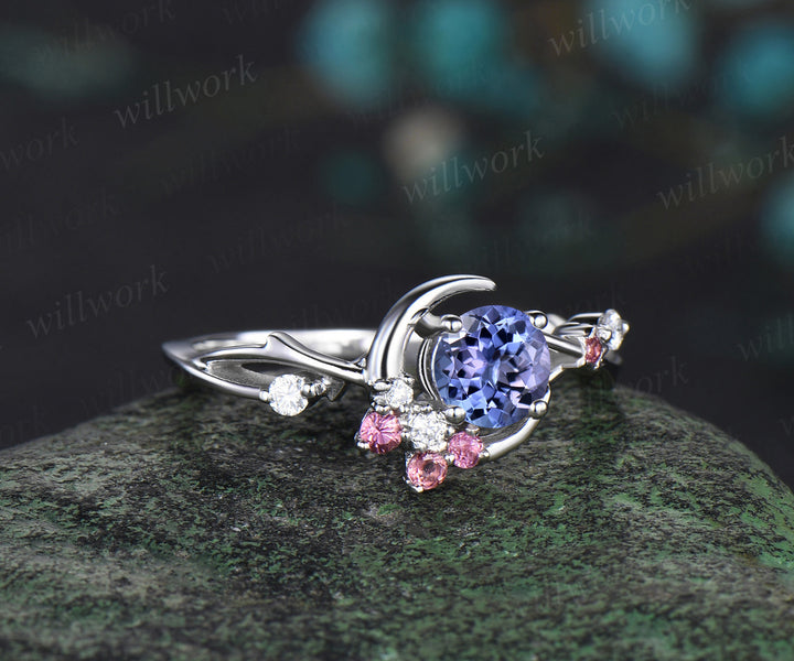 5mm round tanzanite engagement ring moon star twig ring pink tourmaline diamond cluster ring December birthstone bridal gifts