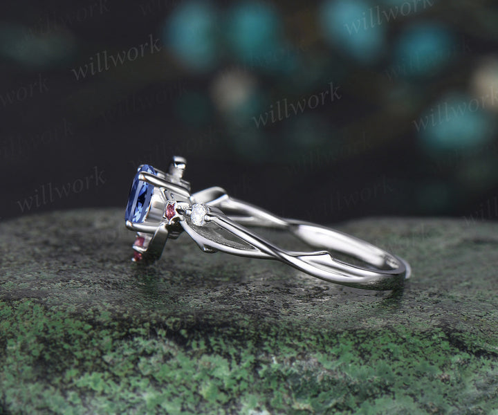 5mm round tanzanite engagement ring moon star twig ring pink tourmaline diamond cluster ring December birthstone bridal gifts