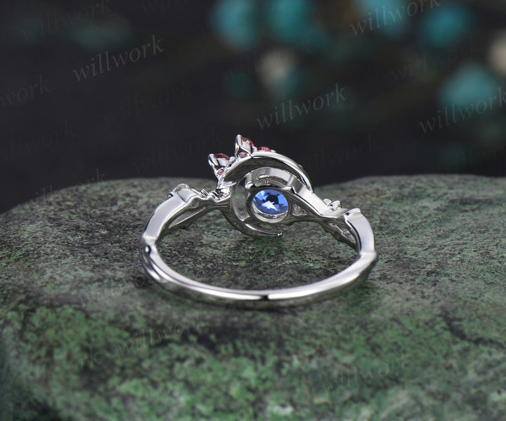 5mm round tanzanite engagement ring moon star twig ring pink tourmaline diamond cluster ring December birthstone bridal gifts