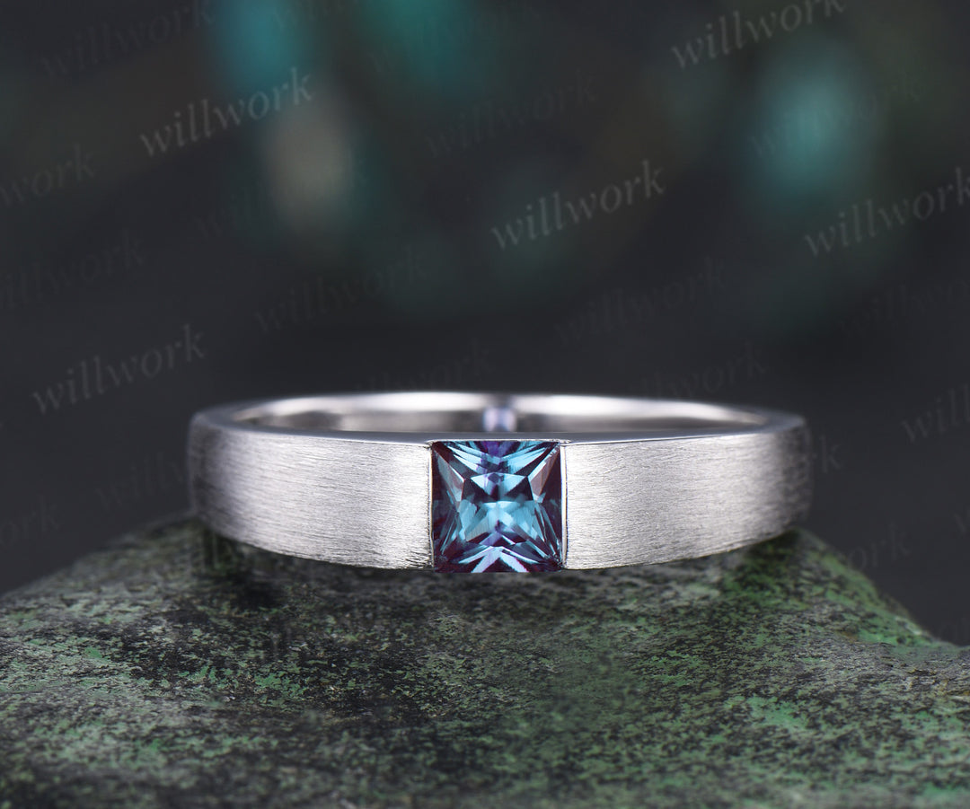 Princess cut color-change alexandrite mens wedding band solid 14k white gold brushed finished ring unique anniversary gifts for men