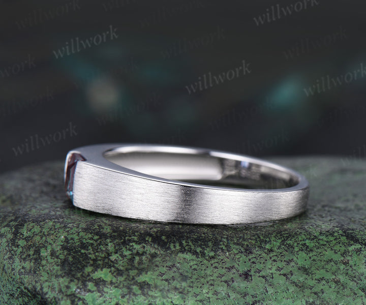 Princess cut color-change alexandrite mens wedding band solid 14k white gold brushed finished ring unique anniversary gifts for men