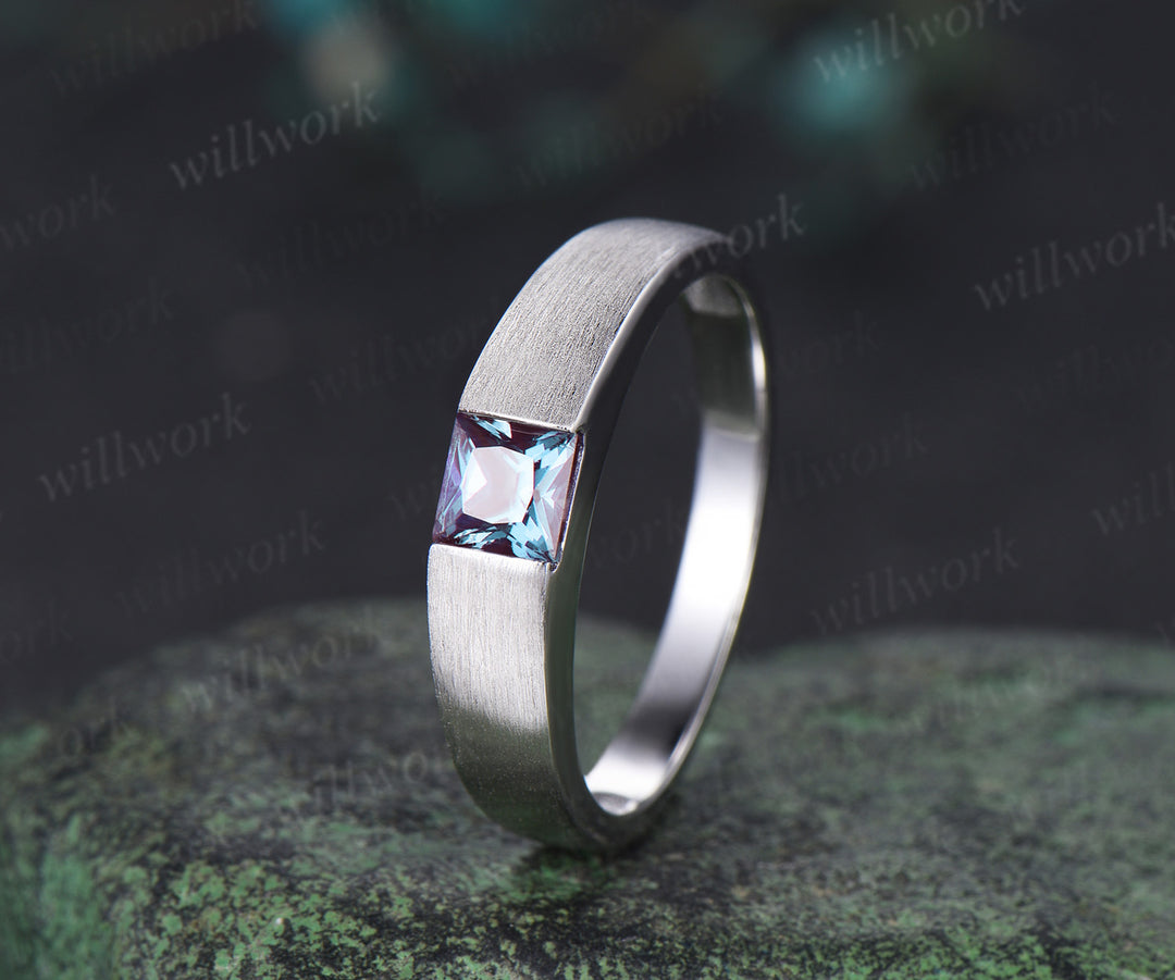 Princess cut color-change alexandrite mens wedding band solid 14k white gold brushed finished ring unique anniversary gifts for men
