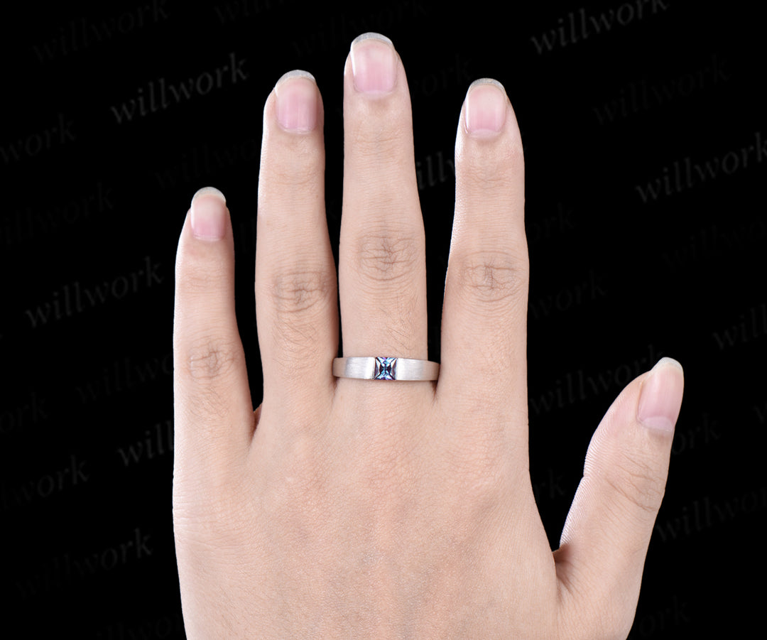Princess cut color-change alexandrite mens wedding band solid 14k white gold brushed finished ring unique anniversary gifts for men