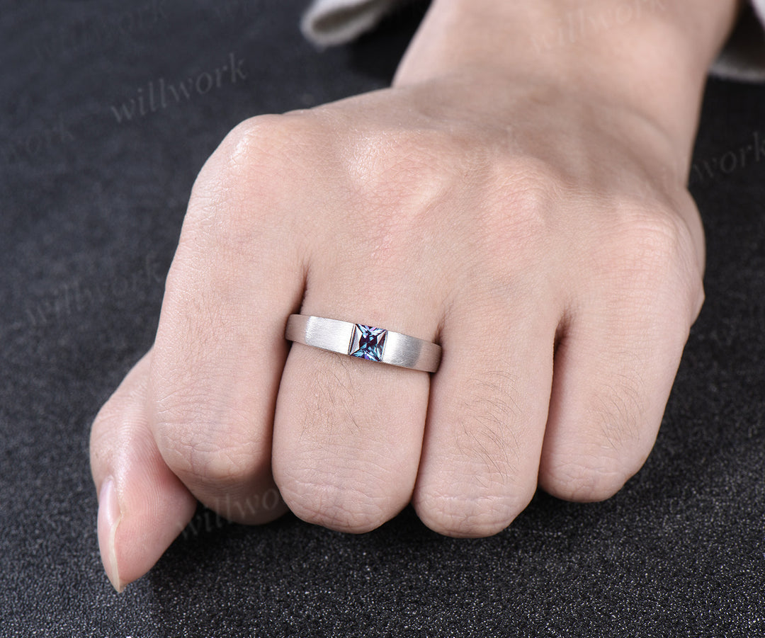 Princess cut color-change alexandrite mens wedding band solid 14k white gold brushed finished ring unique anniversary gifts for men