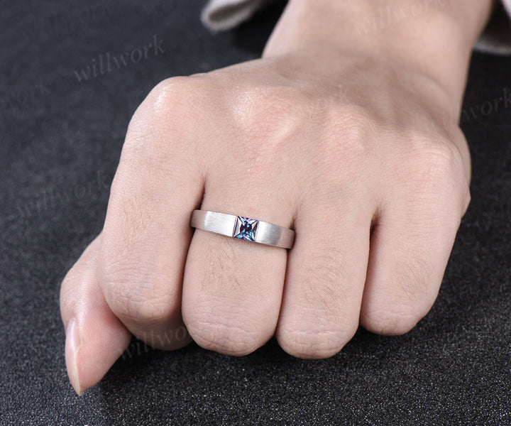 Princess cut color-change alexandrite mens wedding band solid 14k white gold brushed finished ring unique anniversary gifts for men