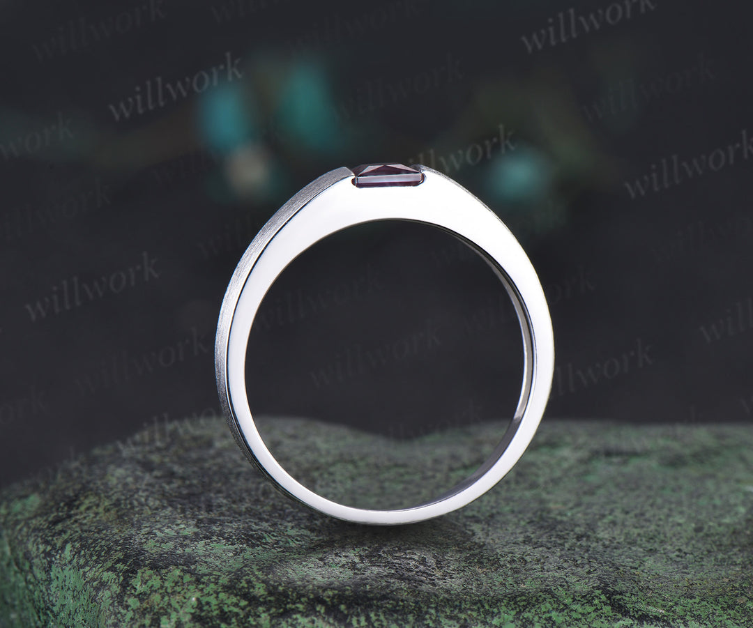Princess cut color-change alexandrite mens wedding band solid 14k white gold brushed finished ring unique anniversary gifts for men