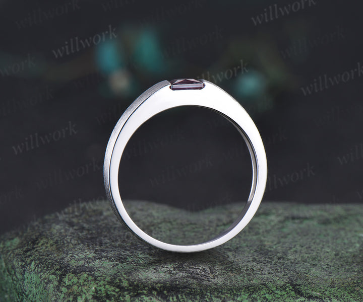 Princess cut color-change alexandrite mens wedding band solid 14k white gold brushed finished ring unique anniversary gifts for men